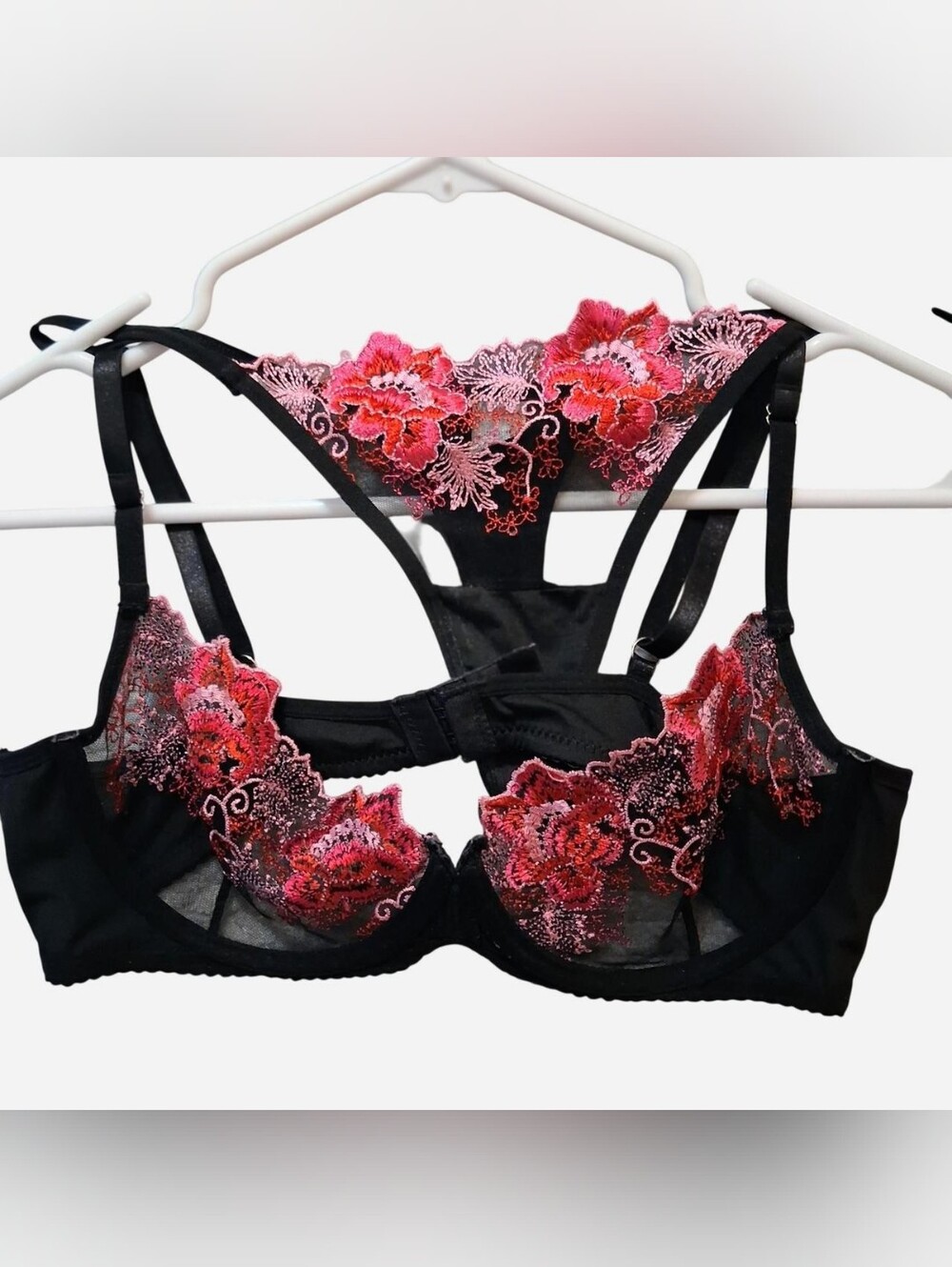 Sheer Black Underwire Bra with Pink & Red Floral Embroidery